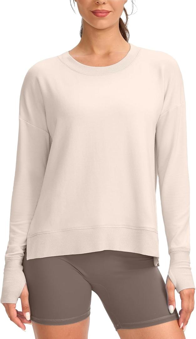 G Gradual Sweatshirt for Women Buttery Soft Yoga Tops Crewneck Modal Pullover Shirts Side Slit Thumb Holes (Small, Oats White)