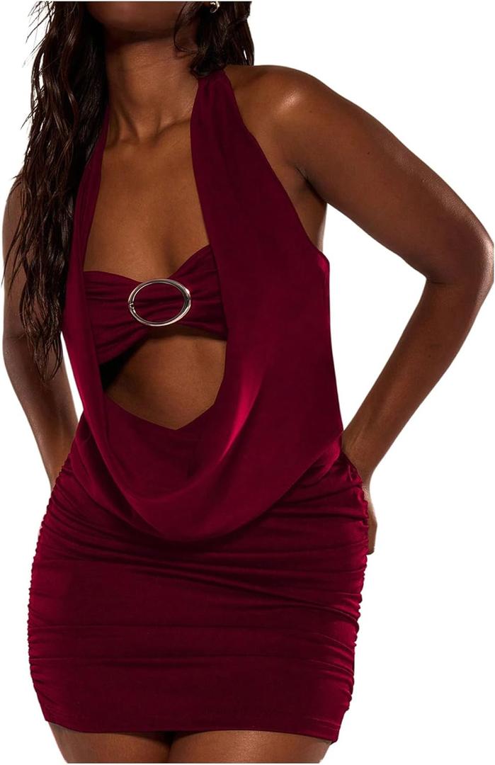 Verdusa Women's Sexy Backless Halter Ruched Crop Tops Drape Cut Out Going Out Tops with Bandeau Bra (Burgundy) S