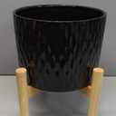 LaDoVita Ceramic Plant Pot with Stand, 10 Inch Planter with Wood Shelf, Modern Round Flower Pots Indoor with Wood Planter Holder, Black Water Ripple Pattern