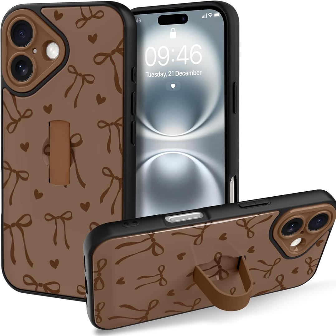 KANGHAR for iPhone 16 Case Stand Brown Bows Hearts Full Body Rugged Shockproof Protection Glossy Protective Slim Case 6.1 Inch