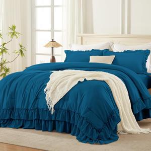 Andency Teal Twin Size Comforter Set, 2 Pieces Lightweight Fluffy Ruffle Bedding Set for Dorm, All Season Soft Farmhouse Shabby Chic Bed Set for Kids (66x90In)