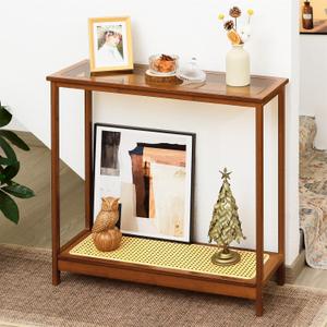 Bamboo Narrow Console Table, 31.5"(L) Wood Small Entryway Table with Rattan and Glass, Accent Slim Hallway Tables, Thin Sofa Side Tables for Hallway, Living Room, Bedroom, Foyer, Walnut