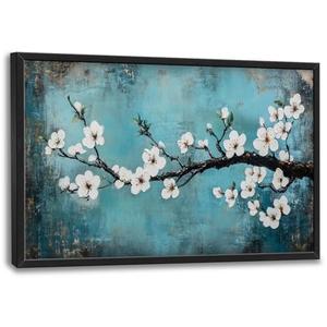 Large Zen Flowers Wall Art, Oversized Plum Blossom Pictures Wall Decor, Botanical Floral Canvas Prints Painting, Extra Blue Framed Artwork for Living Room Bedroom Office Bathroom Corridor Dining Room 36"x 24"