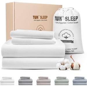 TWK 1200 TC 100% Egyptian Long-Staple Cotton Bedding Sheets Set, Luxury Hotel Style Deep Pocket with Elastic Reinforced Seams Sheet Set, Soft & Comfy Natural Sheets (White, Queen)