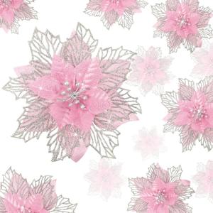 Geosar 36 Pcs 3 Size Christmas Poinsettia Flowers 3'' 4'' 6'' Tree Decorations Glitter Faux Flowers Xmas Artificial Poinsettia Ornaments New Year for Party Favor(Pink)