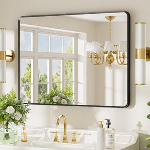 Black Bathroom Mirror 24x32 inch, Rounded Rectangle Metal Framed Vanity Wall Mirror, HD Tempered Glass, Horizontal or Vertical Hanging