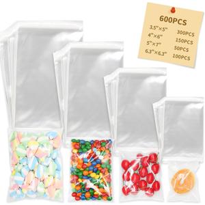 600PCS Clear Resealable Self Adhesive Cello Bags with 4 Sizes 3.55, 46, 57, 6.36.3 inch Great for Gift Wrapping,Packaging Candies,Dessert,Bakery, Cookies, Chocolate,Party Favor (600 Piece Assortment)