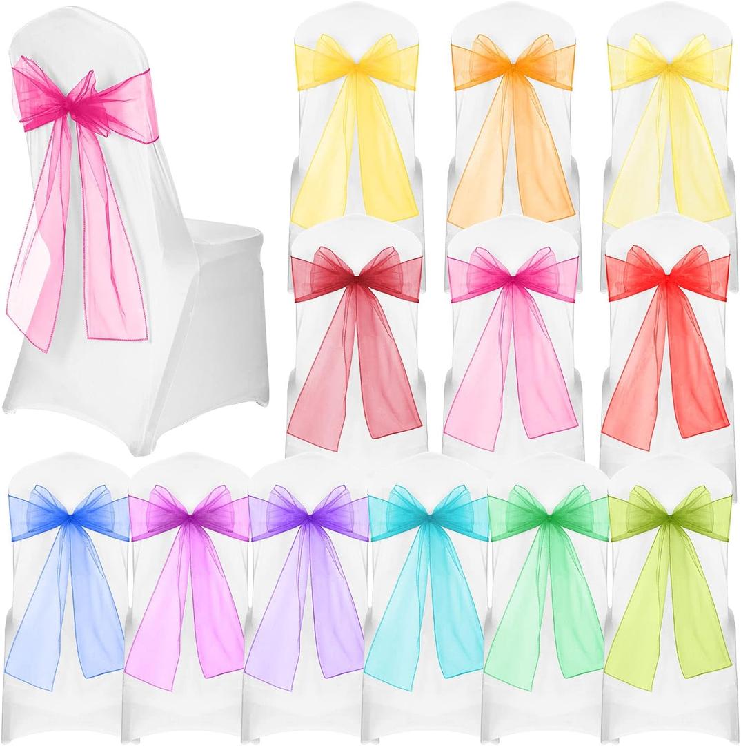 Panelee 36 Pcs Elegant Organza Assorted Color Chair Sashes Pastel Rainbow Bows Sheer Fabric Chair Ties for Wedding Banquet Party Decoration (As Shown in Pictures)