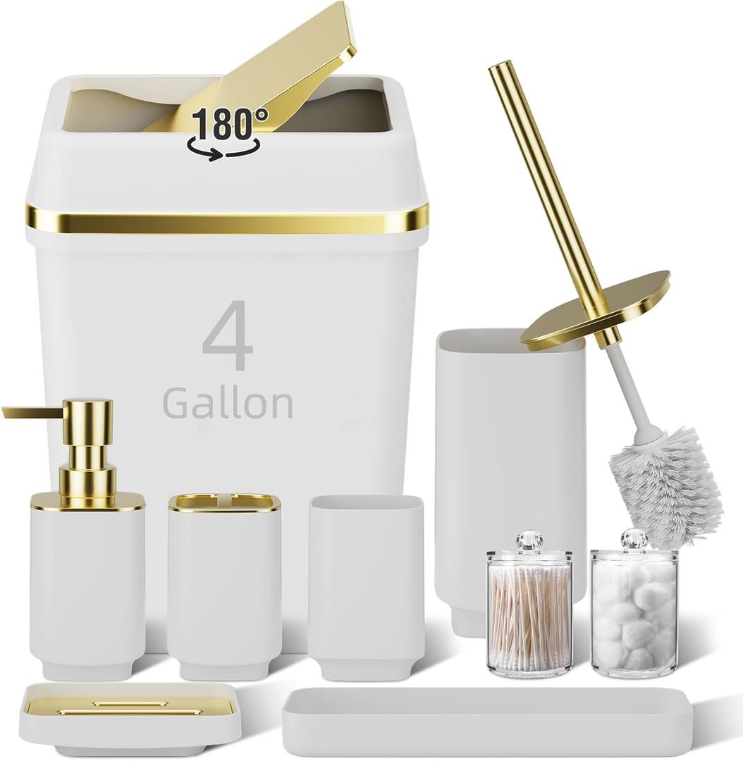 9PCS Bathroom Accessory Set, White Bathroom Set, Bathroom Accessories Set Complete with  Can, Toothbrush Holder, Soap Dispenser, Toilet Brush, Bathroom Decor
