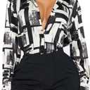 Women's Print Button Down Shirts Long Sleeve Business Casual Work Blouse Tops (Black, S)