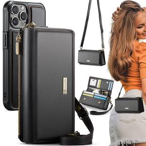 CaseMe 2-in-1 Detachable for iPhone 15 Pro Crossbody Wallet Case with RFID Blocking 10-Card Holder for Woman, PU Leather Wrist Strap Zipper Purse Wallet Phone Case for iPhone 15 Pro 6.1", Black