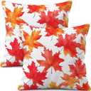 Fall Throw Pillow Covers 18x18 Inch Set of 2  Double-Sided Maple Leaf Design on White Linen Pillowcases, Indoor Outdoor Autumn Decorative Cushion Covers for Sofa Couch Bed (Red Autumn Leaves)