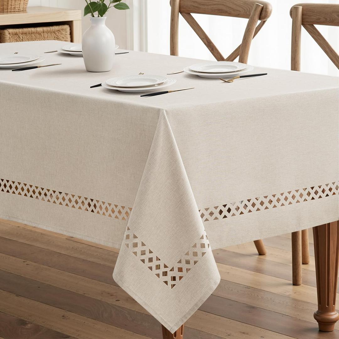 MIULEE Beige Rectangle Linen Polyester Tablecloth with Decorative Cutouts Spring Waterproof Stain Resistant & Shrink-Proof Table Cloth 60x144 inch Farmhouse Style for Dining Wedding and Outdoor
