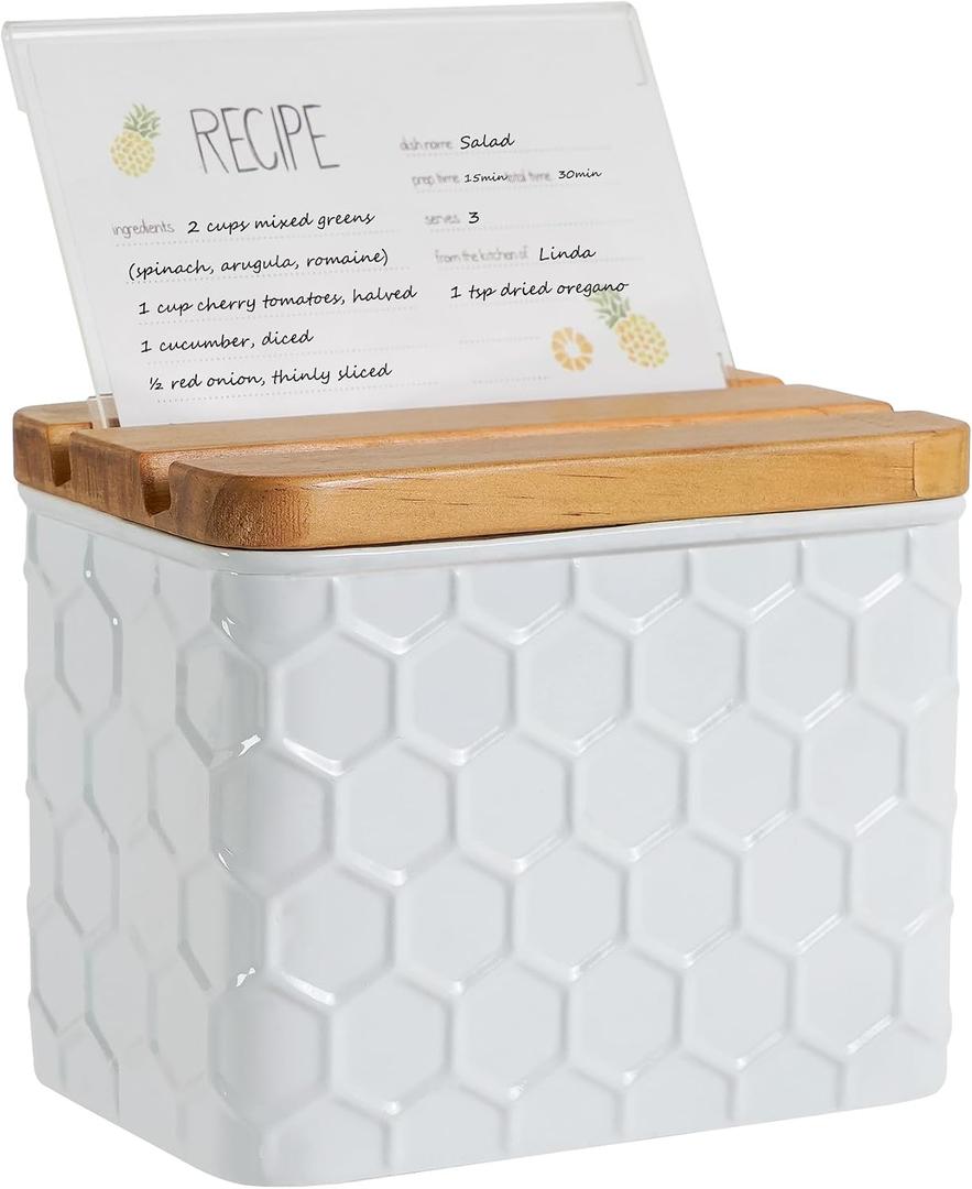 Recipe Box with Cards and Dividers Set 4x6 Recipe Holder for Kitchen Counter Metal White Honeycomb Pattern Embossed Recipe Card Box with Wooden Grooved Lid