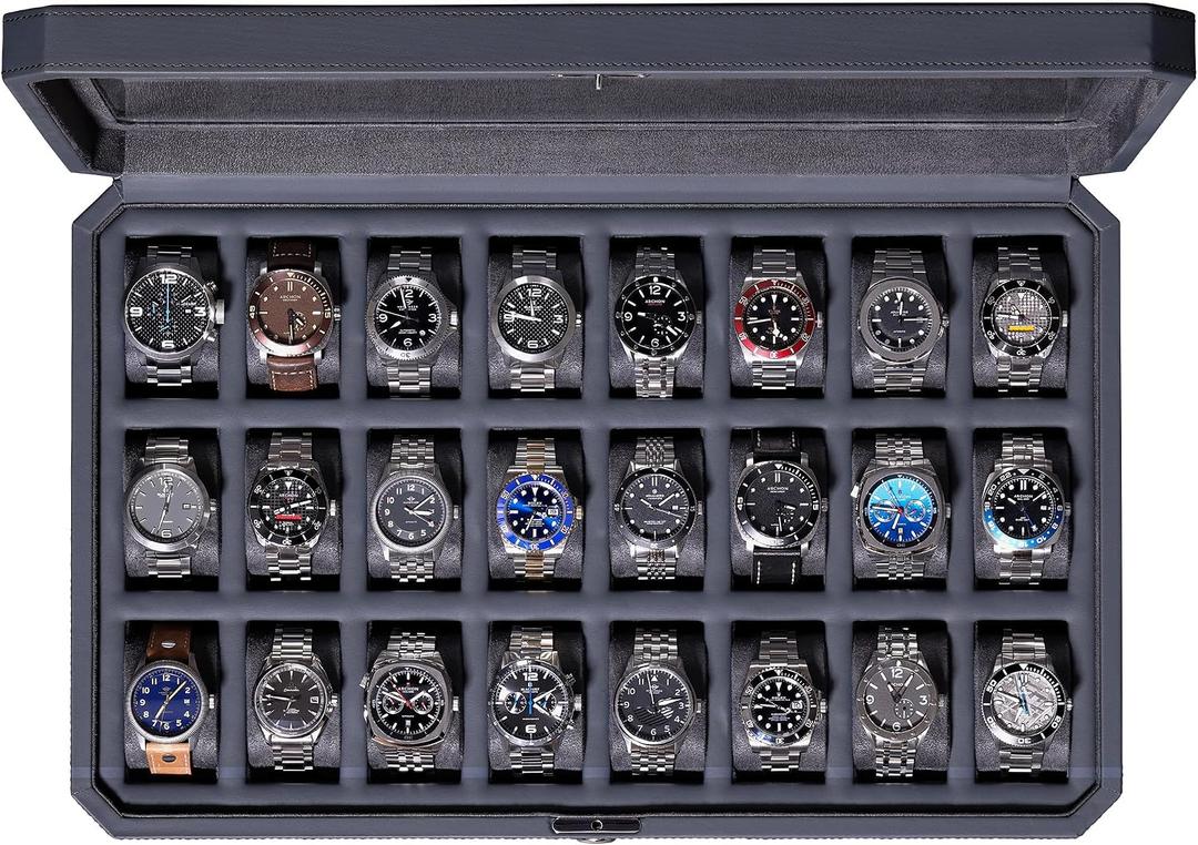 ROTHWELL 24 Slot Watch Case with Lock – Luxury Watch Box to Display and Organize Your Collection | Real Glass Top | Premium Storage for Collectors (Carbon)