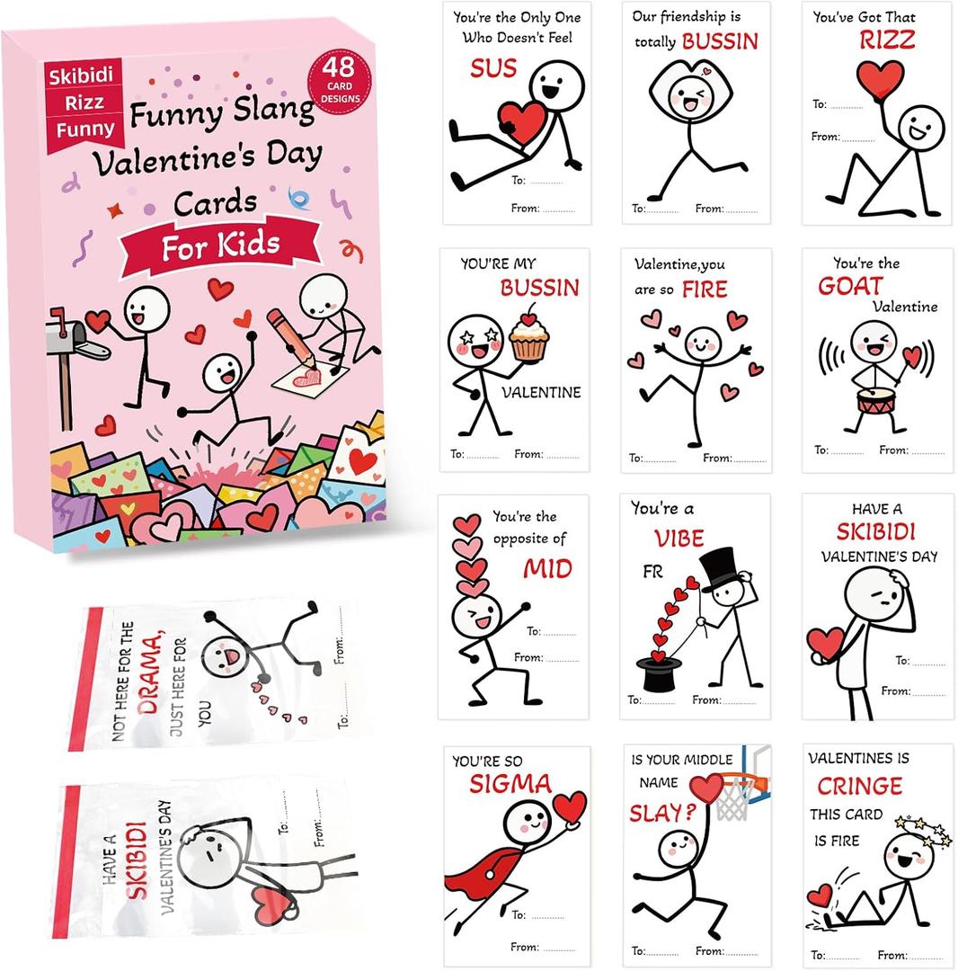 JX Valentine Cards for Kids Classroom, 48 Pack Slang Valentine's Cards with Figure Designs, Slang Words Cards for School Boys Girls Classroom Prizes Exchange Gifts