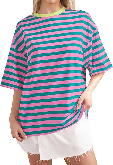 Mincib Women Oversized Striped T Shirts Color Block Crew Neck Tee Shirt Short Sleeve Basic Summer Tops(Green,  L