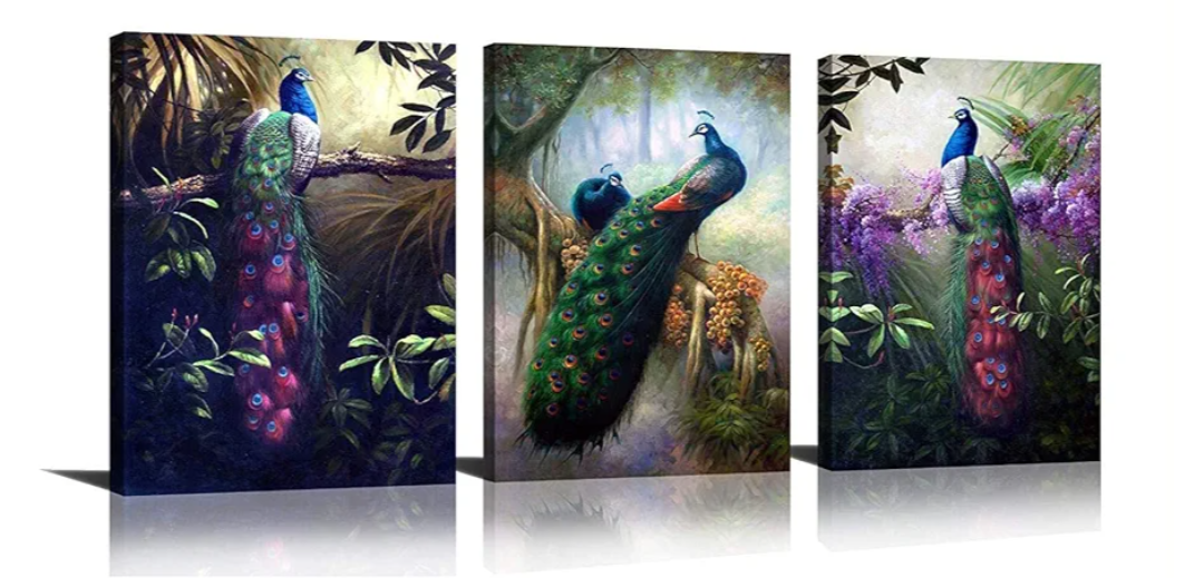 HLJ ART Modern Colorul Peacock Wall Decor 3 Panels Large Animals Painting Prints on Canvas for Home and Office Decoration (16x24)