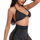 Women Sparkle Rhinestone Mesh Sheer Bikini Sets Halter Bra Top High Waist Shorts Bottom Swimsuits Rave Outfit (Black, M)
