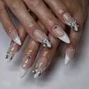 French tip Press on Nails Medium Almond Fake Nails with Design Metal 3D Bow Charms Stick on Nails White Pearl Glue on Nail Stiletto Nude Acrylic Nail Reusable for Women Girls Manicure