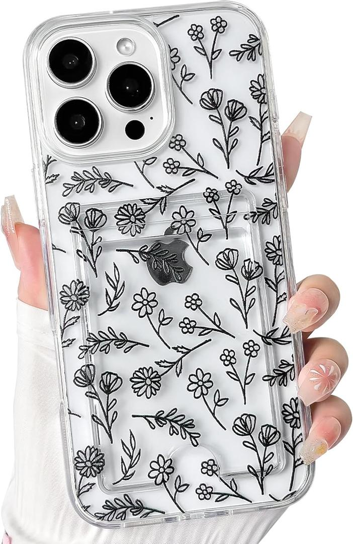 NITITOP Compatible with iPhone 16 Pro Case Clear with Card Holder Cute Floral Flower Leaves Design for Women Girls Slim TPU and Hard Back Bumper Wallet Shockproof Protective Cover - Black