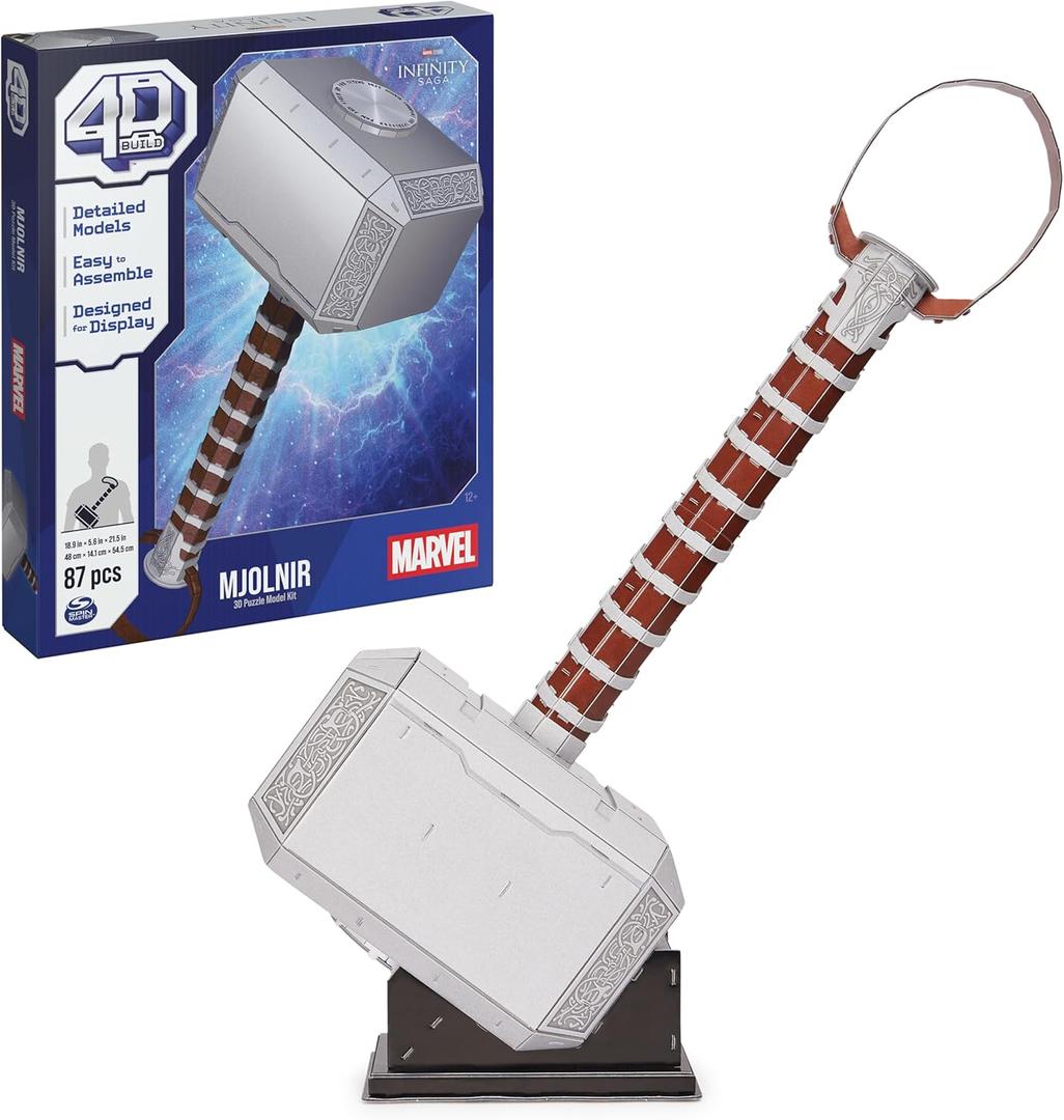 4D Build, Marvel Mjolnir Thor Hammer 3D Puzzle Model Kit with Stand 87 Pcs | Thor Desk Decor | Building Toys | 3D Puzzles for Adults & Teens 12+