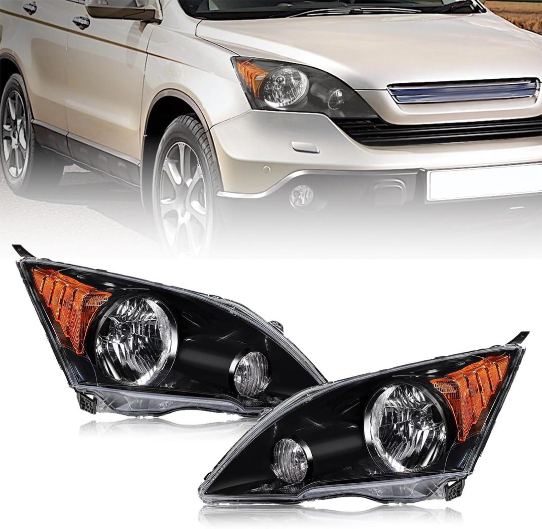 Headlights Assembly Compatible With 2007 2008 2009 2010 Honda CRV CR-V Replacement Headlamp, Driver and Passenger Side, Black Housing Amber Reflector Head Light