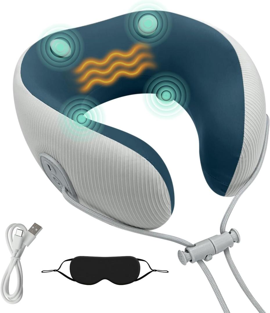 Medicane Neck Travel Pillow with Massage, Neck Massager with Heat & Gentle Vibration Massage, Ergonomic Memory Foam with Comfortable Eye Mask, Perfect for Airplane, Car, Office, Home Use, Pain Relief