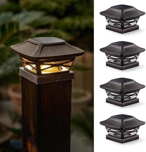 OPOIRA Wood Grain Solar Post Cap Lights, Dual-Core LED Fence Lights with Craftsman Design, 4 Pack Waterproof Outdoor Caps for 4x4 Wooden/Vinyl Post (Brown)