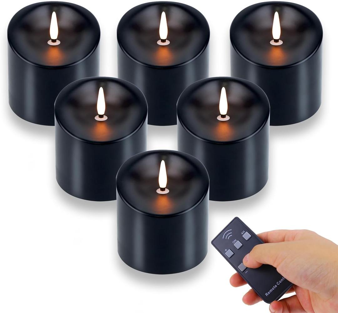 3"x3" Black Flickering Flameless Candles, Waterproof Halloween Battery Operated Candles with Remote Timer, Last 600 Hours Electric Fake Black LED Candles for Gothic Room Decor, Set of 6