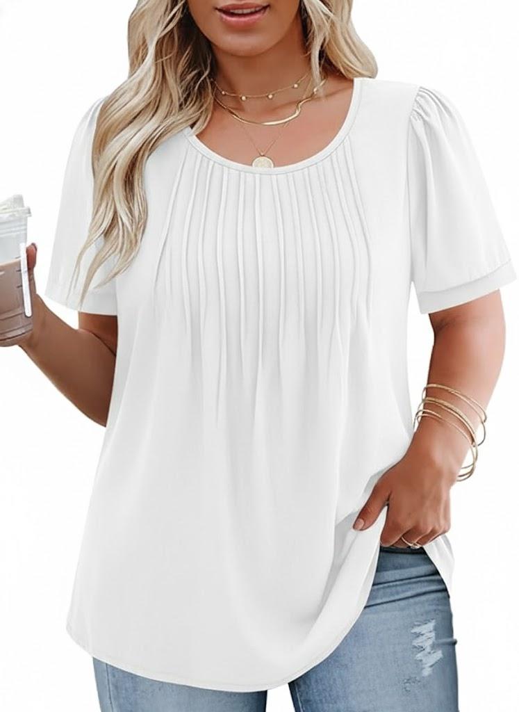 VISLILY Womens-Plus-Size-Summer-Tops Trendy Puff Short Sleeve T Shirts Cute Flowy Pleated Blouses Casual Crewneck Tunics Tee 2XL White