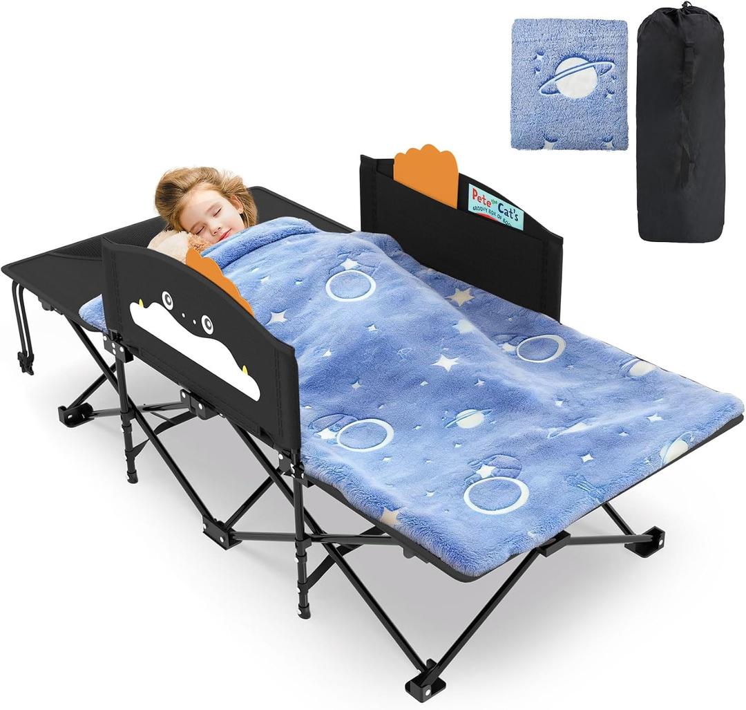 Slendor Toddle Cot, Toddler Portable Bed w/Cartoon Handrail, Blanket (5ft x 4ft), Folding Toddler Cots for Camping, Travel Bed, Extra Long Cot Length 56", Support 330 Lbs, Black