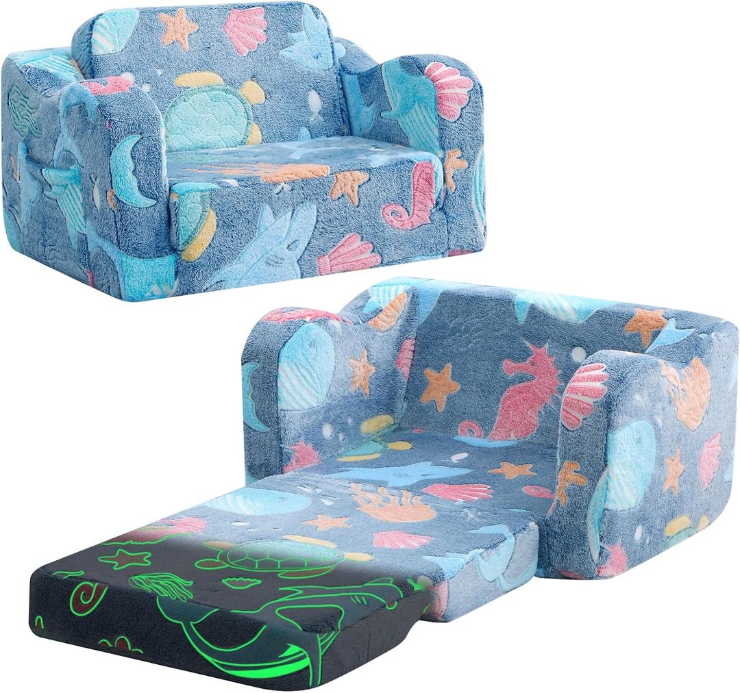 MeMoreCool Folding Toddler Chair, Glow-in-The-Dark Soft Plush Kids Fold-Out Couch Sofa, Comfy Baby Recliner for Girls and Boys (Denim Mermaid)