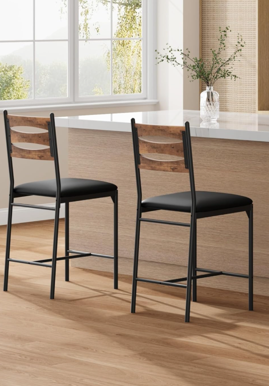 Bar Stools Set of 2, Wooden Barstools, Faux Leather Upholstered Bar Chair with Back & Footrest & Thick Cushion, Counter Height Bar Stools for Kitchen Island Apartment, Brown (2 Bar Stools)