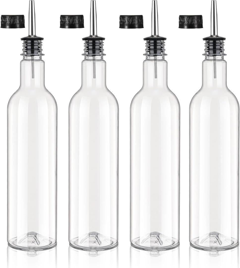 4 Pack 25 oz Plastic Long Neck Bottle with Stainless Steel Pourer and Cap Alcohol Juice Liquor Bottles Syrup Leakproof Tapered Spout Container for Home Bar Use Service Bartending Supplies