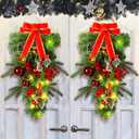 Yunlly 2 Pcs Pre-Lit Christmas Teardrop Swags 24 Inch Christmas Swag Wreath Garland Decorative with Lights Fairy Lights Bow Pine Cones Xmas Decor for Front Door Stairs Wall Window (Red)