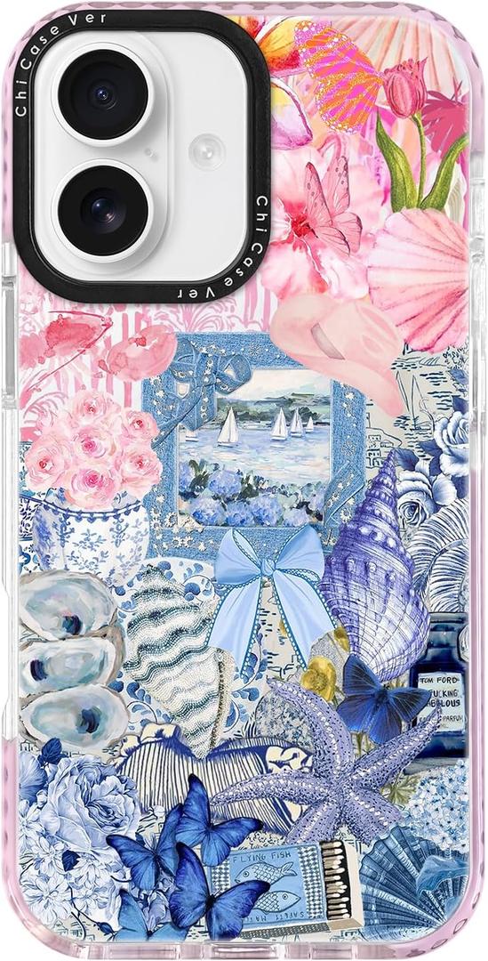 for iPhone 16 Case, Coastal Vintage Collage Pattern, Military-Grade Drop Protection, Vintage Seaside Soft Slim TPU Protective Cover with Camera Protection for Girls (PlumeriaSea)