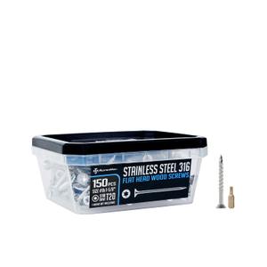 #8x1-5/8 Marine Grade 316 Stainless Steel Deck Screws, 150 PCS, Flat Head T20, Type 17 Point, Rust Resistant, Quick Drive, Strong Grip for Outdoor Wood Projects, Bit Included