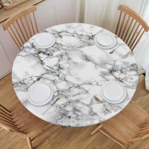 Fiokroo Black and White Marble Tablecloth with Elastic Edge, Round Table Cloth Washable Reusable Table Cover for Kitchen Dining Party Picnic, Medium (Suitable for 45-50 in)