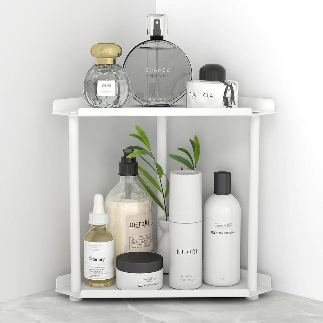 FLE Corner Bathroom Counter Organizer, Bathroom Organizer Countertop,Countertop Storage Shelf for Bath, Kitchen, Living Room, Bedroom (2 Tier Corner, White)