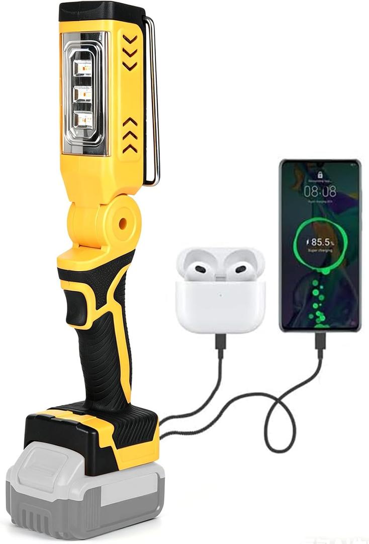 Cordless LED Work Light Compatible with Dewalt 20V Battery, 18W 6500K Flashlight, Adjustable Head, with Low Voltage Protection, USB & Type-C Charging Port, for Camping Emergency (Not Battery)