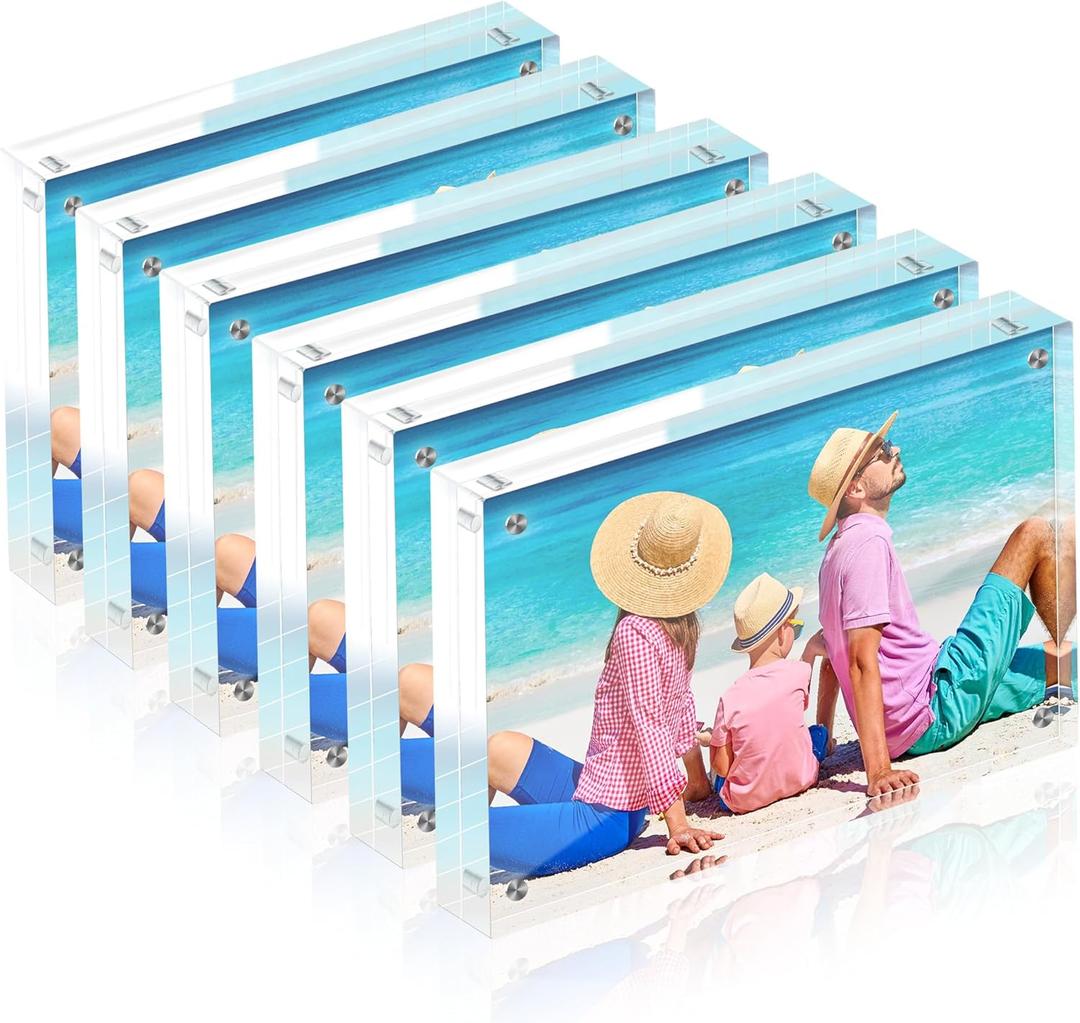 5x7 Acrylic Picture Frame Set of 6, 20mm Thick, Double-Sided Transparent Magnetic Frameless Photo Frame, Desktop Freestanding Display for Office or Home Decor