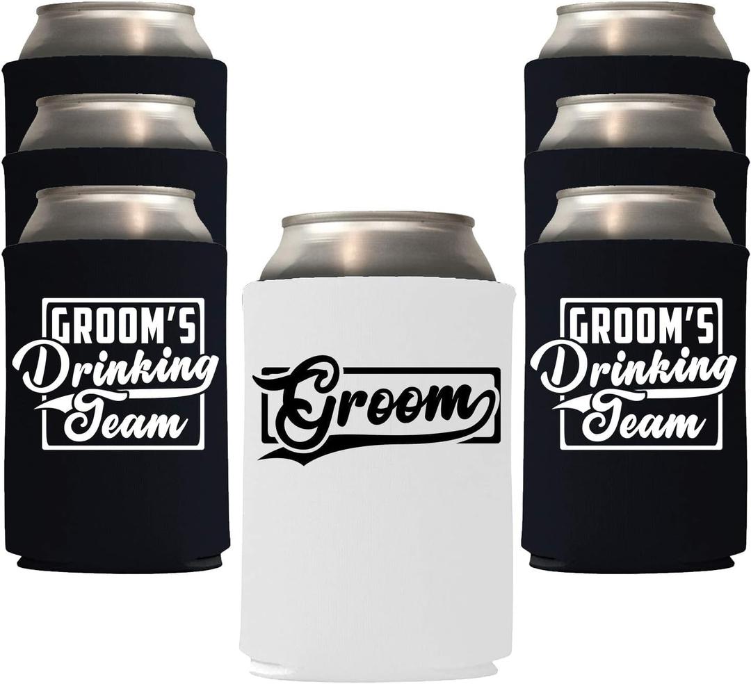 Veracco Groom's Drinking Team Can Coolie Holder Bachelor Party Wedding Favors Gift For Groomsmen Proposal (12, Wht Groom, Blk DT)