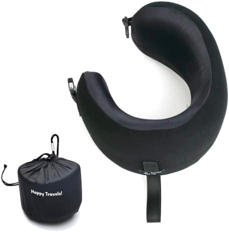C CUSHION LAB Extra Support Travel Pillow, Award-Winning Patented Ergonomic Design for Chin & Neck Support Memory Foam Neck Pillow, Compact Airplane Pillow for Traveling, Flight, Car (Black, Medium)