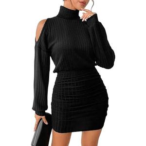 Women's Pullover Sweater Dress Long Lantern Sleeve Turtle Neck Cute Ribbed Knit Bodycon Mini Short Dress 2025 Fall Size M Black