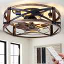 Passky 20" Farmhouse Flush Mount Ceiling Fans with Lights and Remote, Industrial Black Caged Low Profile Fandelier, 6 Speeds Bladeless Ceiling Fan for Bedroom, Kitchen, Living Room (Black Brushed Gold)