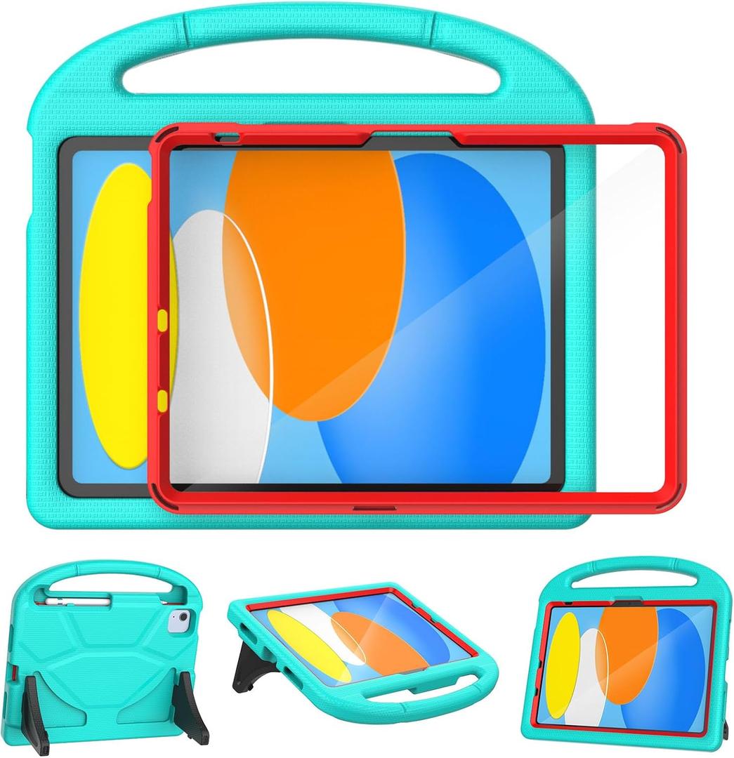 YIHE Kids Case for iPad A16 11th Generation (11" 2025) & 10th Gen (10.9" 2022) | Shockproof Tablet Cover with Built-in Screen Protector & Pencil Holder for iPad 10.9/ 11 Inch, Cyan Red
