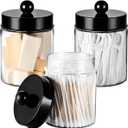 3PC Farmhouse Decor Qtip Holder Apothecary Jars Bathroom Vanity Storage Organizer -Countertop Canister Container &Cute Stickers for Cotton Swab, Ball,Pad,Floss ,Paper Clips (BlackPlastic)