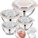 E-far Mixing Bowls Set of 5, Stainless Steel Salad Mixing Bowl with Transparent Lid, Metal Nesting Bowl Attach with 3 Graters for Kitchen Prepping/Serving/Baking/Storage, 4.6/2.6/1.5/1/0.7 QT - Khaki