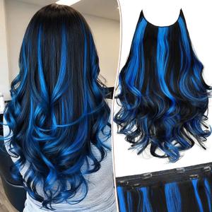 KooKaStyle Invisible Wire Hair Extensions Long Wavy Layered Synthetic Hair with Transparent Wire Adjustable Size 6 Secure Clips Hairpieces for Women(Black with Blue 20 Inch)